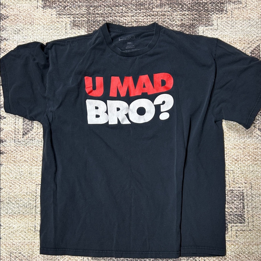 Black Tee with Bold Red and White Text